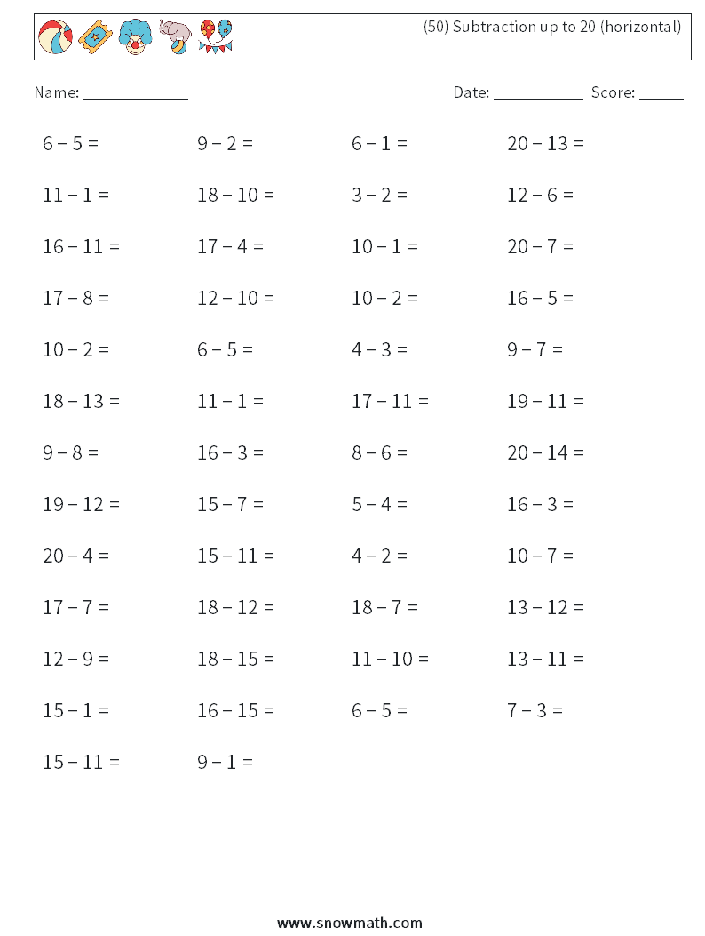 (50) Subtraction up to 20 (horizontal) Maths Worksheets 4