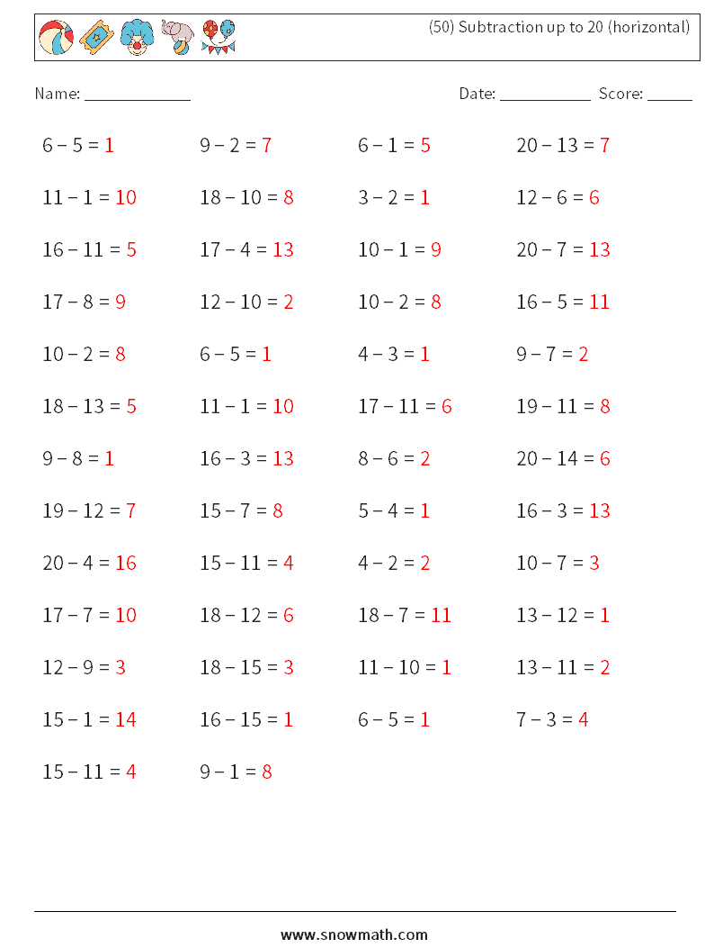 (50) Subtraction up to 20 (horizontal) Math Worksheets 4 Question, Answer