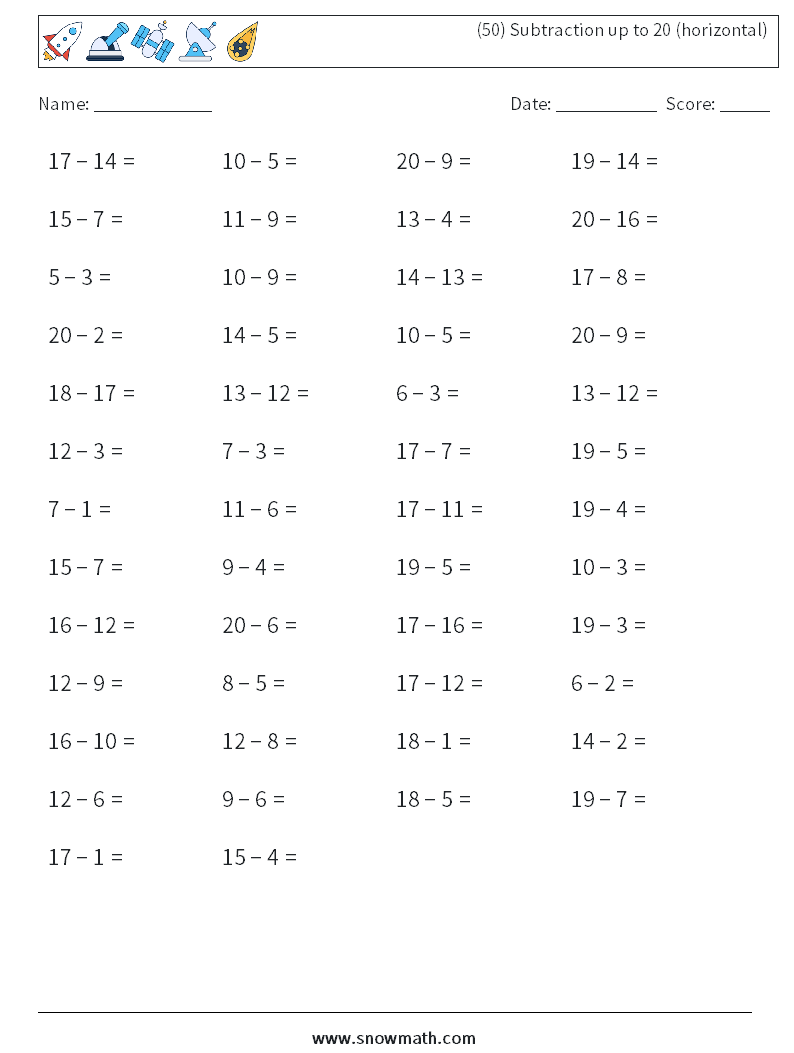 (50) Subtraction up to 20 (horizontal) Math Worksheets 5