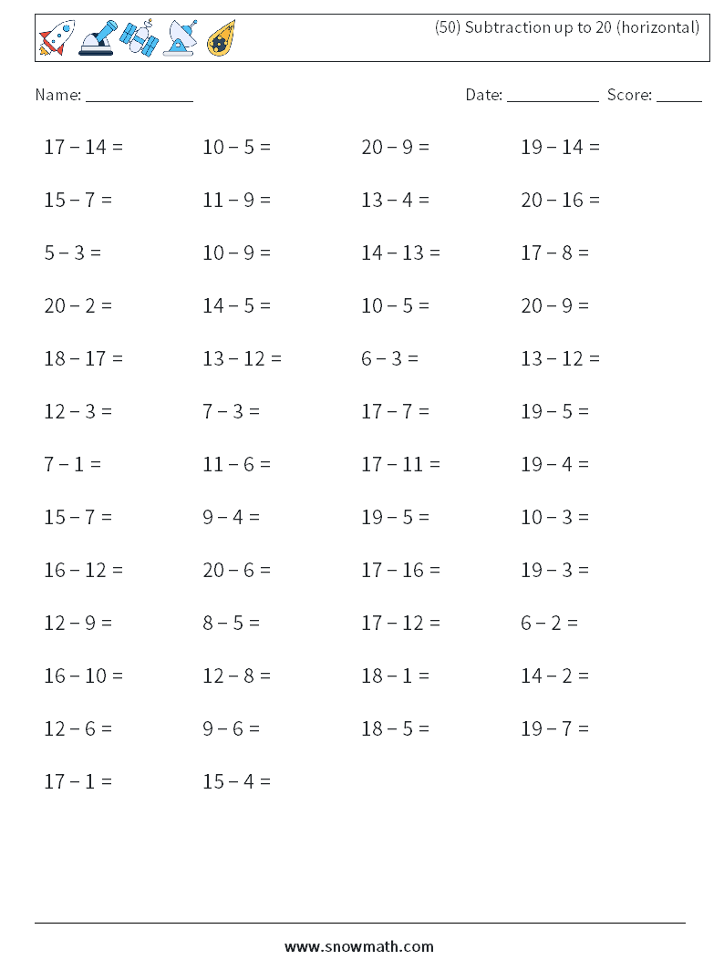 (50) Subtraction up to 20 (horizontal) Maths Worksheets 5