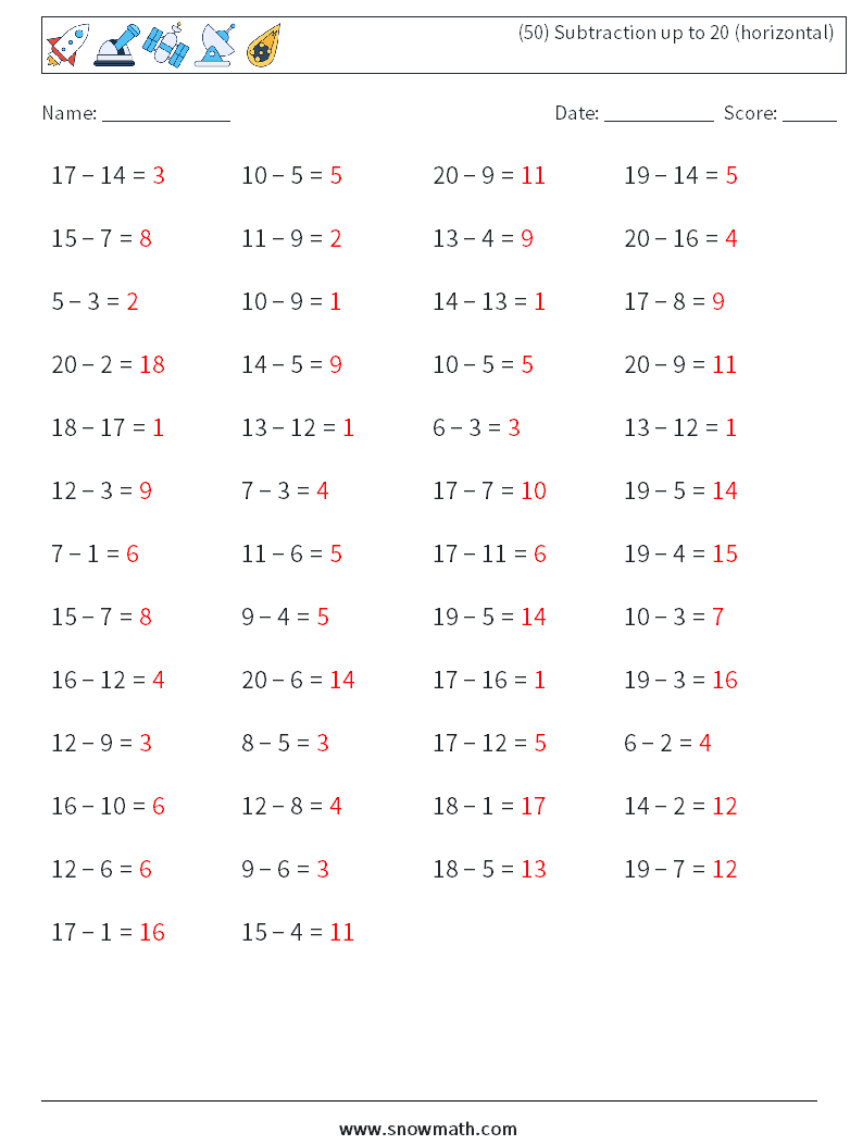 (50) Subtraction up to 20 (horizontal) Math Worksheets 5 Question, Answer