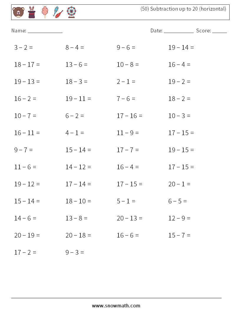 (50) Subtraction up to 20 (horizontal) Math Worksheets 6