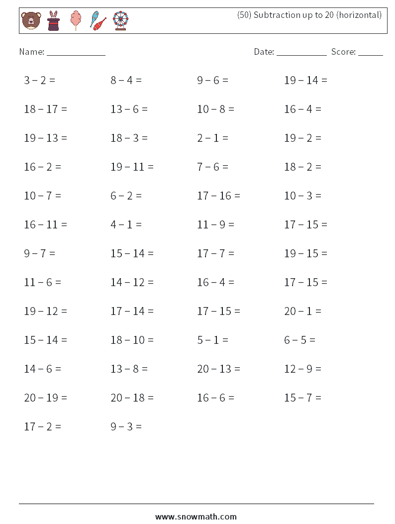 (50) Subtraction up to 20 (horizontal) Maths Worksheets 6