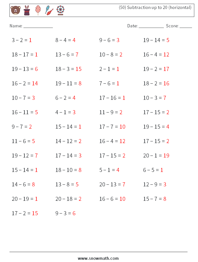(50) Subtraction up to 20 (horizontal) Math Worksheets 6 Question, Answer