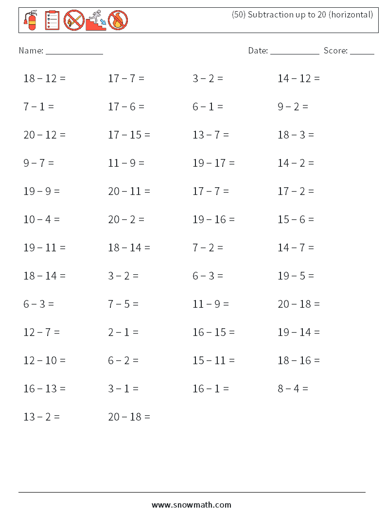(50) Subtraction up to 20 (horizontal) Math Worksheets 7