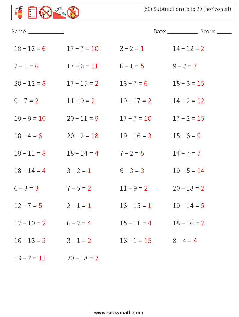 (50) Subtraction up to 20 (horizontal) Math Worksheets 7 Question, Answer