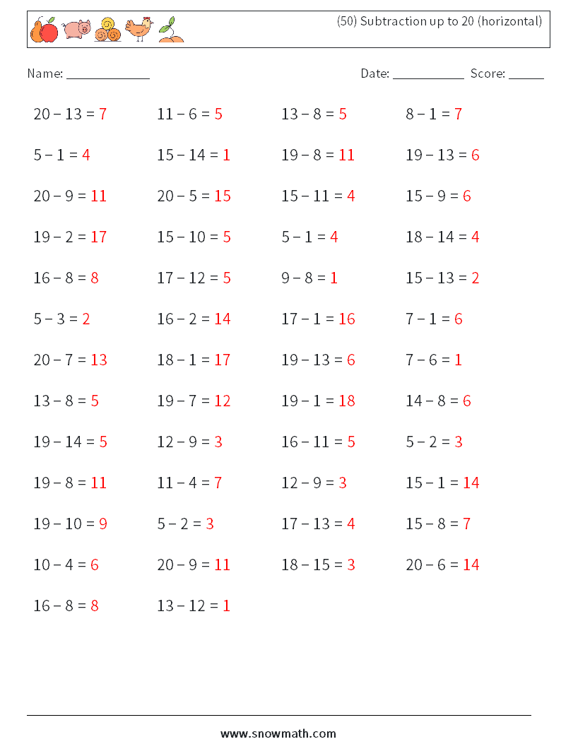 (50) Subtraction up to 20 (horizontal) Math Worksheets 8 Question, Answer