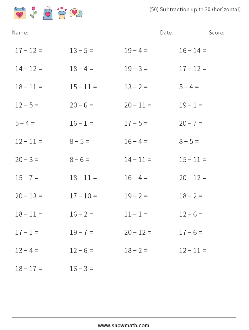 (50) Subtraction up to 20 (horizontal) Math Worksheets 9