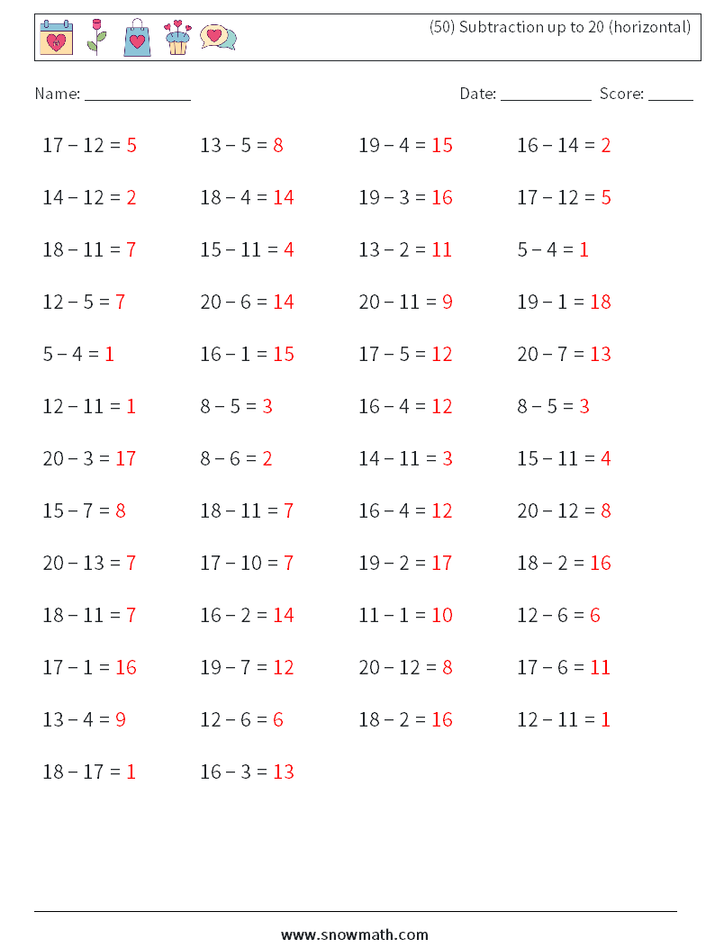 (50) Subtraction up to 20 (horizontal) Math Worksheets 9 Question, Answer