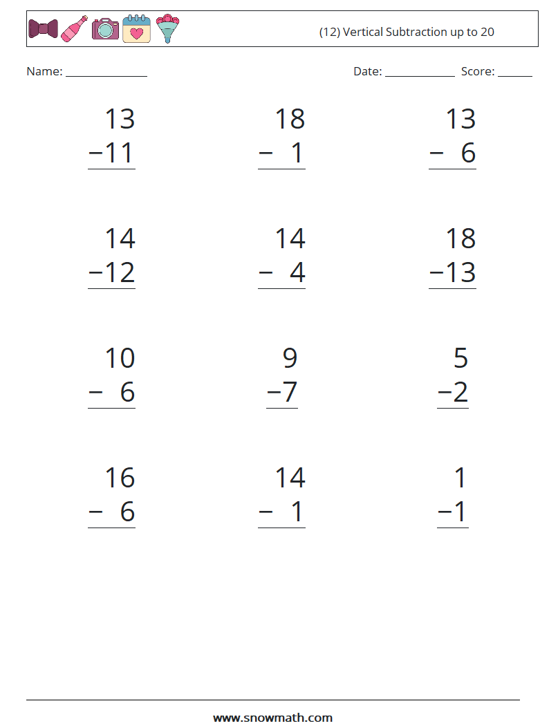 (12) Vertical Subtraction up to 20