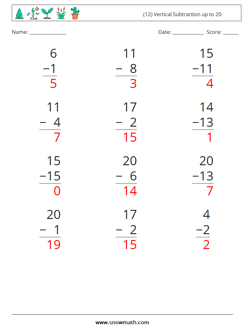 (12) Vertical Subtraction up to 20 Math Worksheets 11 Question, Answer