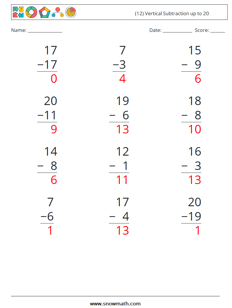 (12) Vertical Subtraction up to 20 Math Worksheets 12 Question, Answer