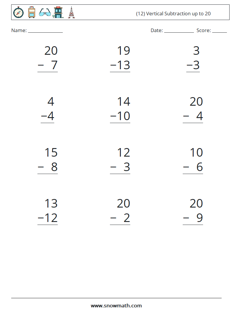 (12) Vertical Subtraction up to 20 Maths Worksheets 13