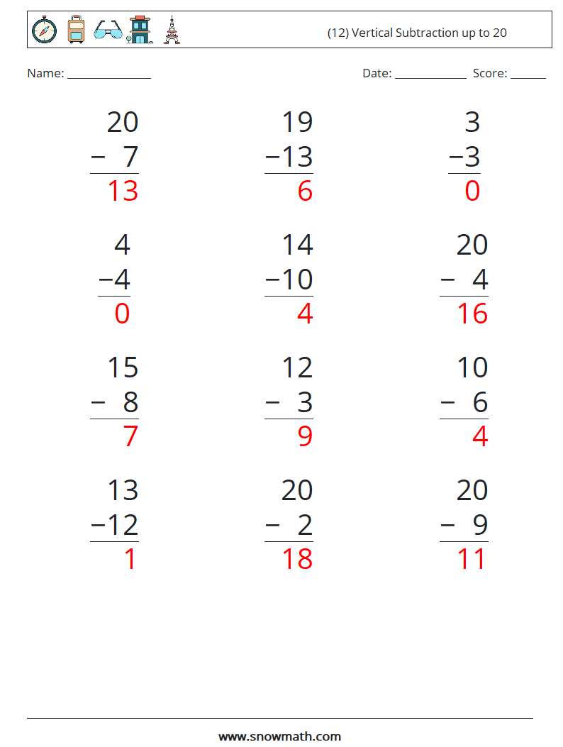 (12) Vertical Subtraction up to 20 Math Worksheets 13 Question, Answer