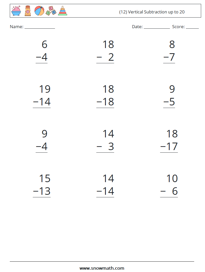 (12) Vertical Subtraction up to 20 Maths Worksheets 14