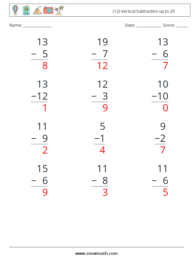 (12) Vertical Subtraction up to 20 Math Worksheets 15 Question, Answer