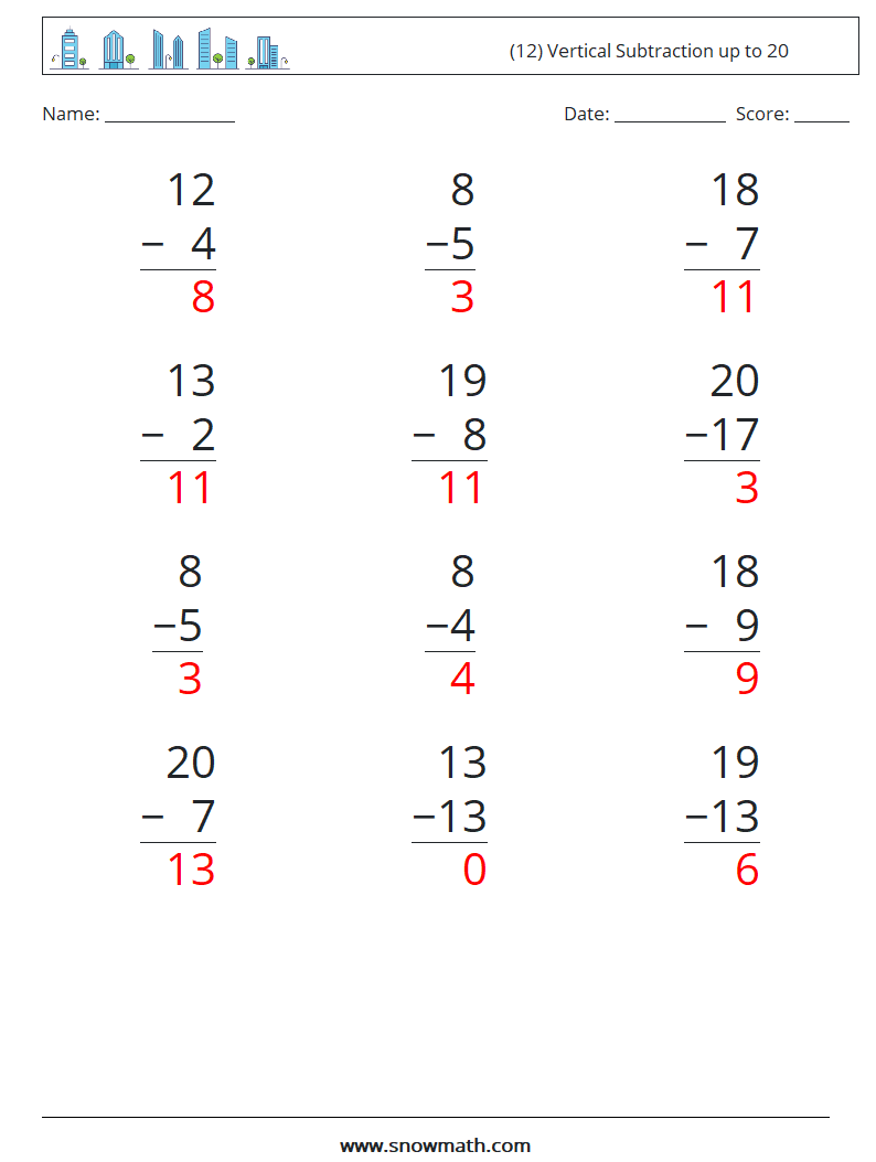 (12) Vertical Subtraction up to 20 Math Worksheets 16 Question, Answer