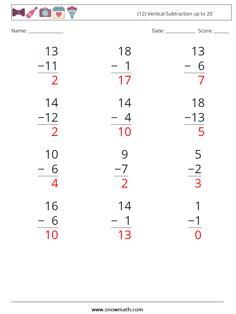 (12) Vertical Subtraction up to 20 Math Worksheets 1 Question, Answer