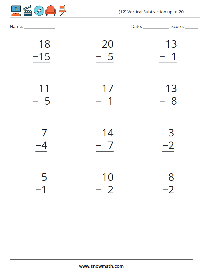 (12) Vertical Subtraction up to 20 Math Worksheets 2