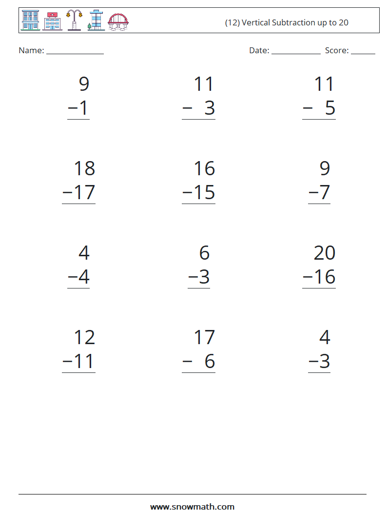 (12) Vertical Subtraction up to 20 Math Worksheets 3