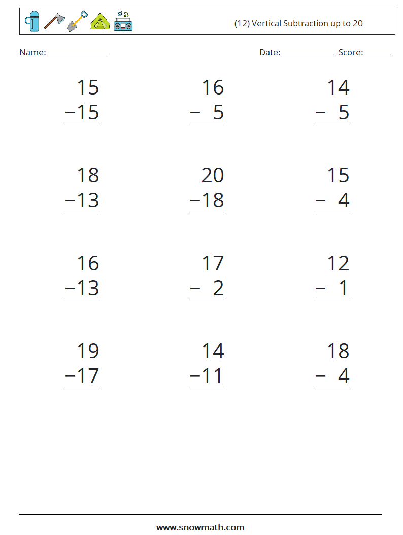 (12) Vertical Subtraction up to 20 Maths Worksheets 4