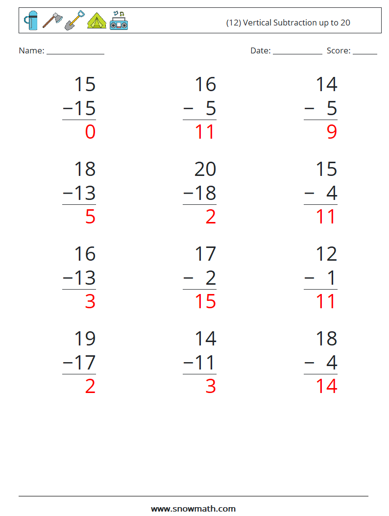 (12) Vertical Subtraction up to 20 Math Worksheets 4 Question, Answer