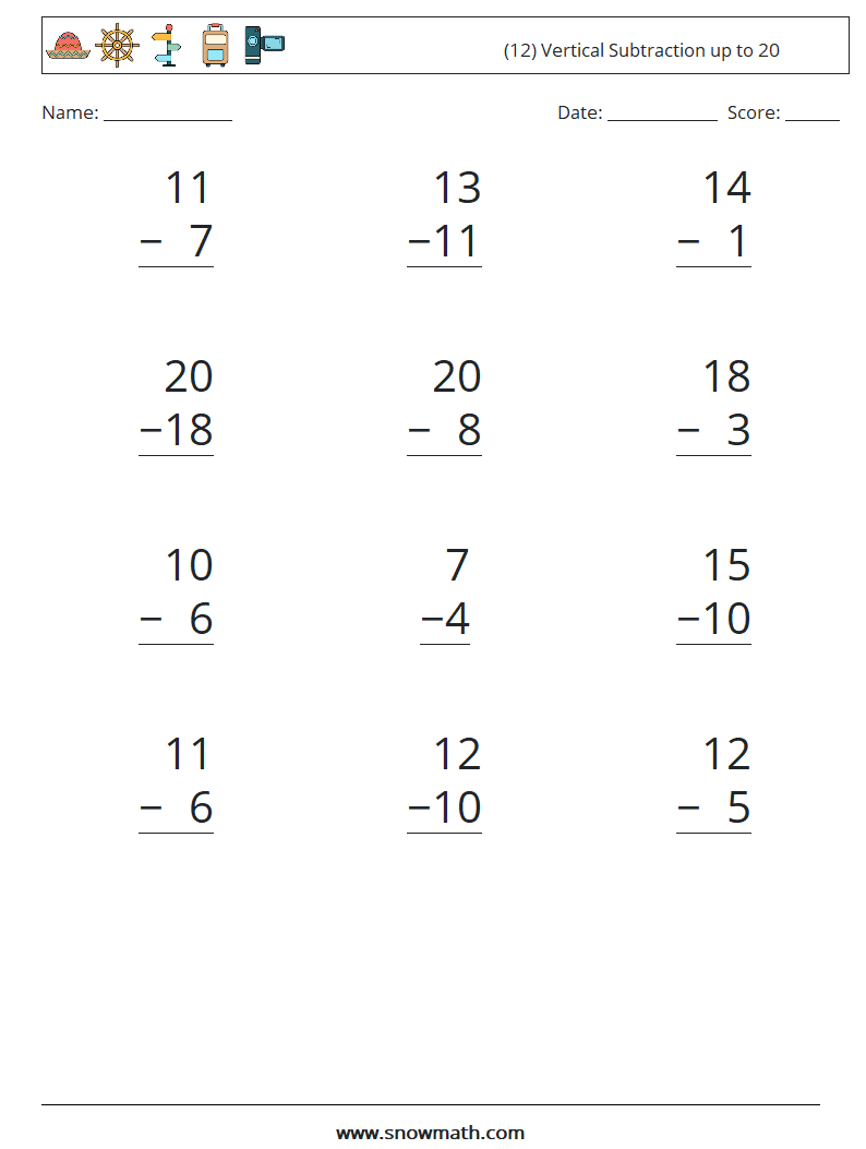 (12) Vertical Subtraction up to 20 Math Worksheets 5