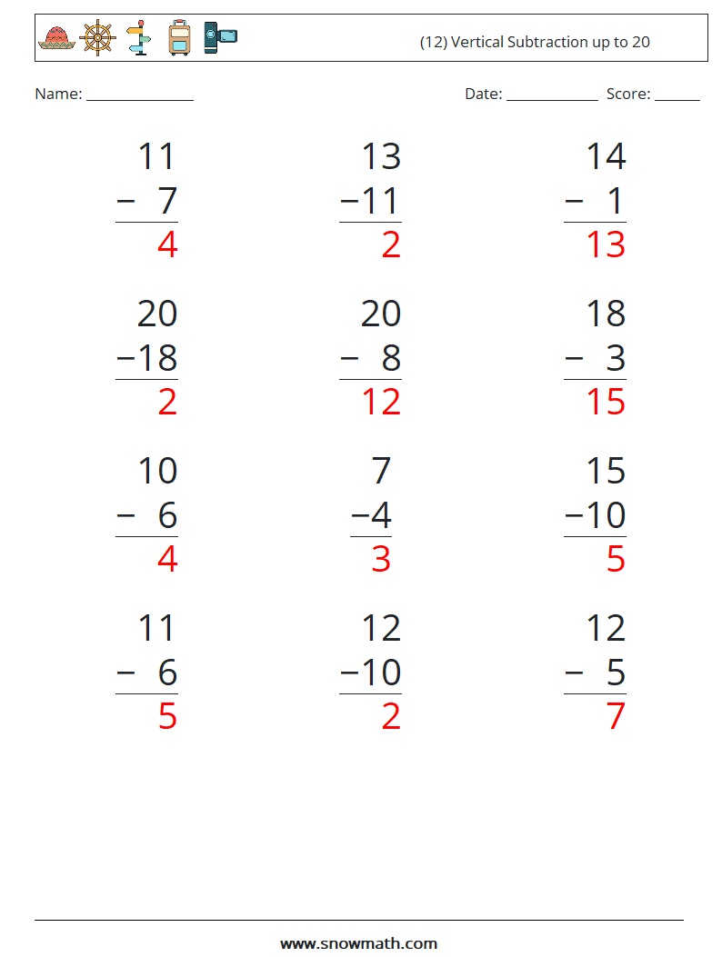 (12) Vertical Subtraction up to 20 Math Worksheets 5 Question, Answer