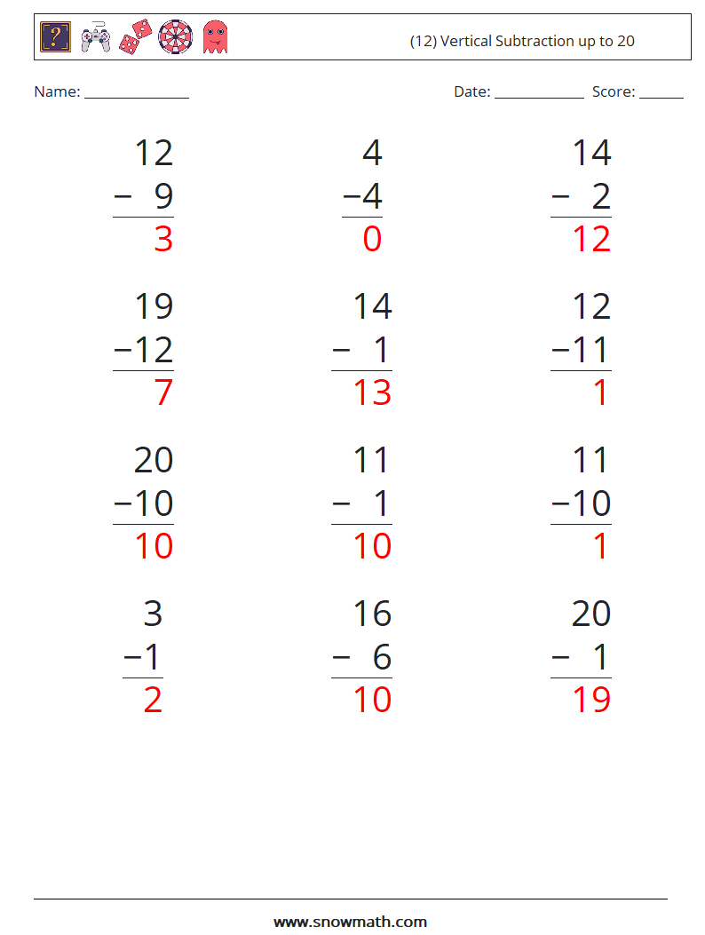 (12) Vertical Subtraction up to 20 Math Worksheets 6 Question, Answer