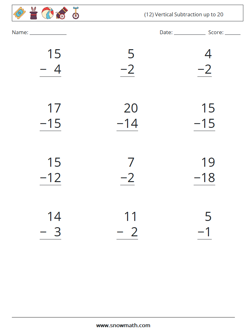 (12) Vertical Subtraction up to 20 Math Worksheets 7