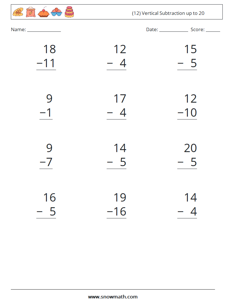 (12) Vertical Subtraction up to 20 Maths Worksheets 8