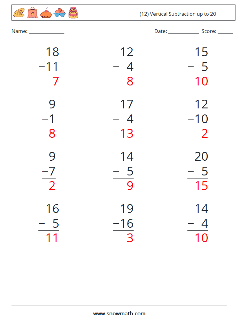 (12) Vertical Subtraction up to 20 Math Worksheets 8 Question, Answer