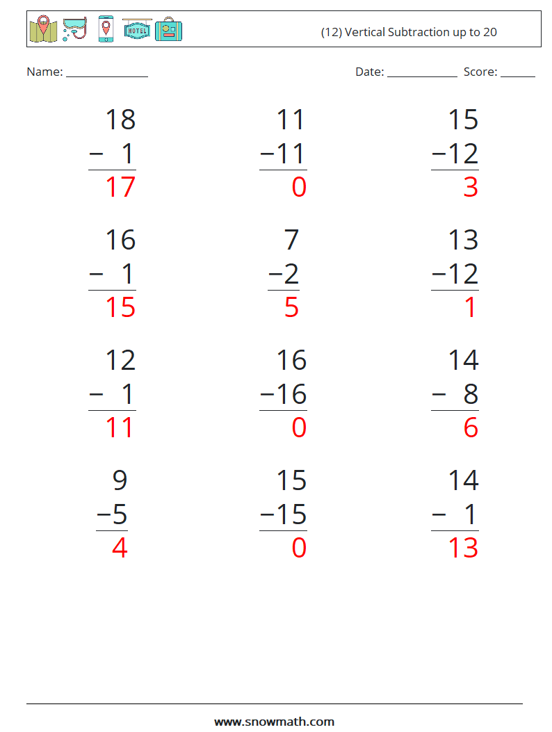 (12) Vertical Subtraction up to 20 Math Worksheets 9 Question, Answer