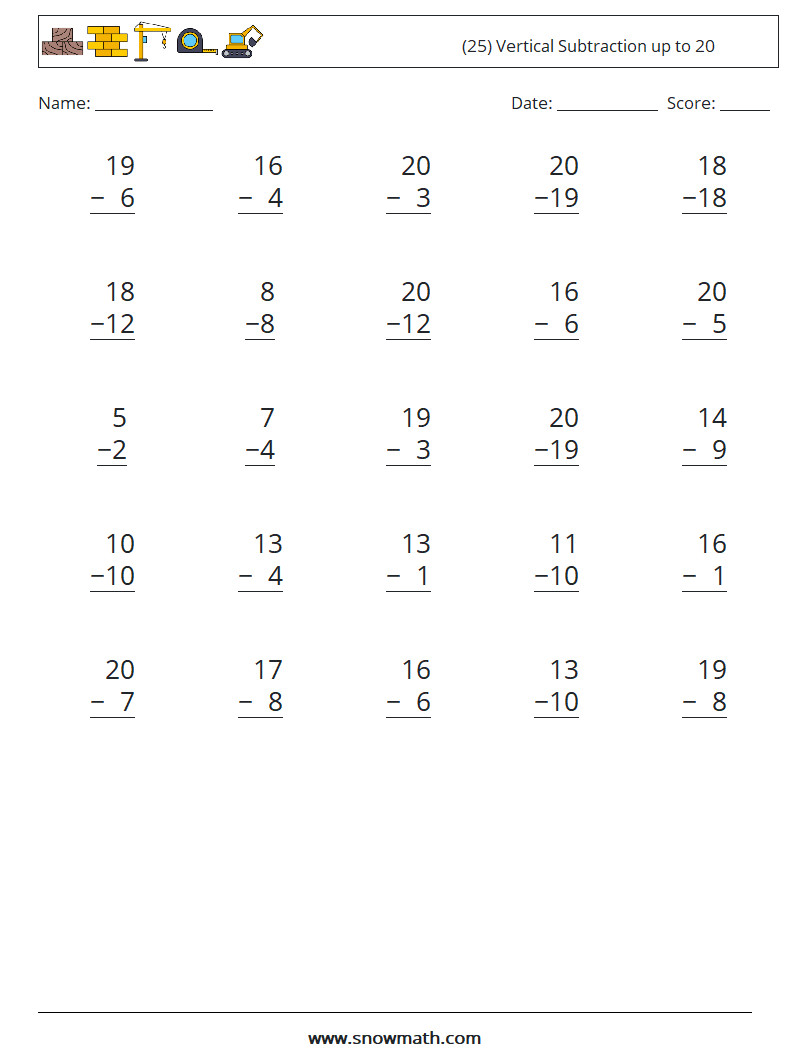 (25) Vertical Subtraction up to 20 Math Worksheets 1