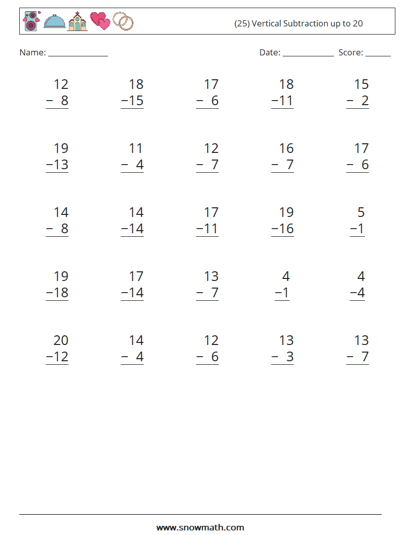 (25) Vertical Subtraction up to 20 Math Worksheets 10