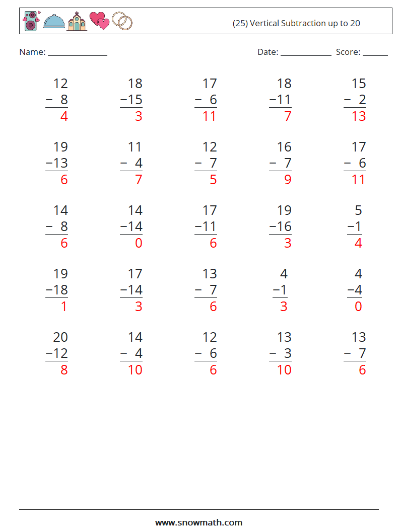 (25) Vertical Subtraction up to 20 Math Worksheets 10 Question, Answer