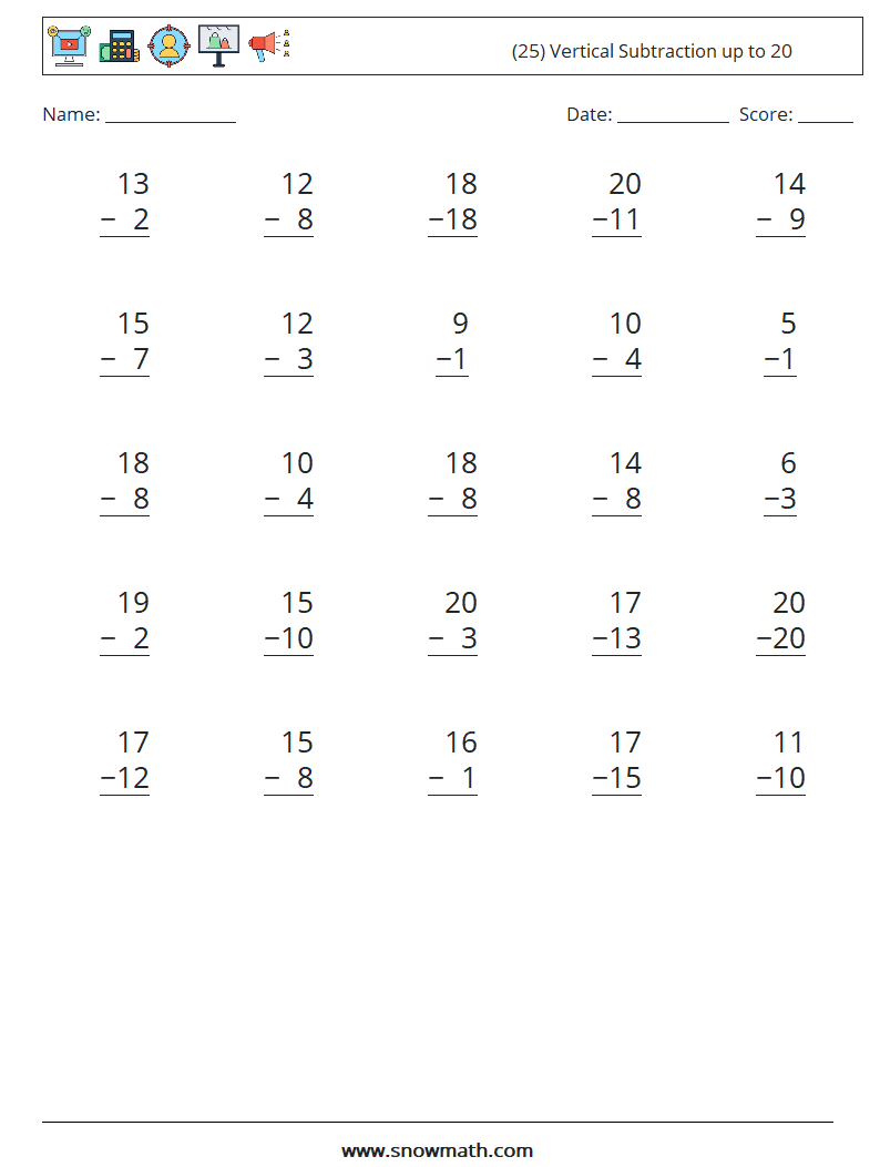 (25) Vertical Subtraction up to 20 Maths Worksheets 11