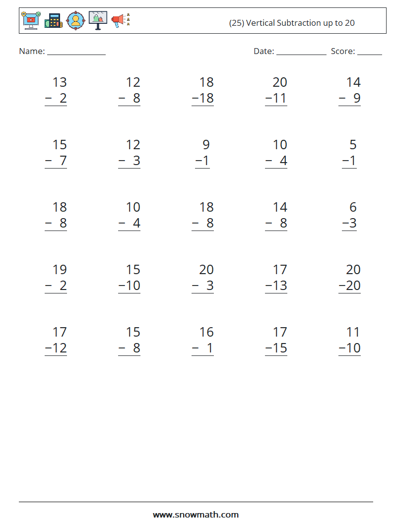 (25) Vertical Subtraction up to 20 Math Worksheets 11