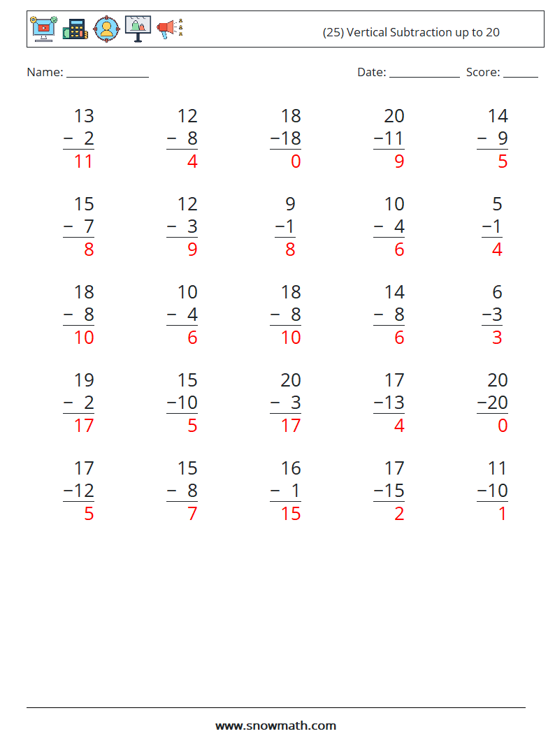 (25) Vertical Subtraction up to 20 Math Worksheets 11 Question, Answer