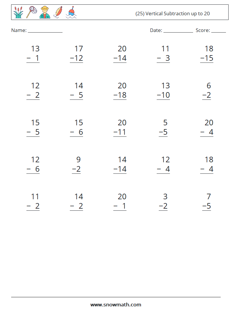 (25) Vertical Subtraction up to 20 Maths Worksheets 12