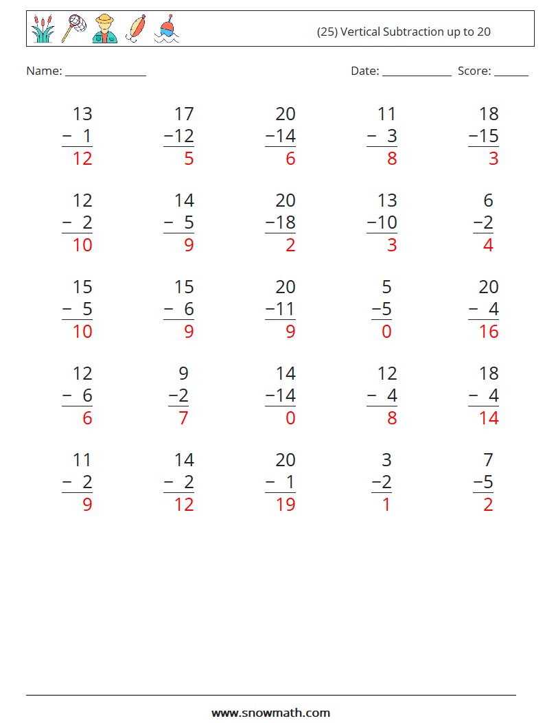 (25) Vertical Subtraction up to 20 Math Worksheets 12 Question, Answer