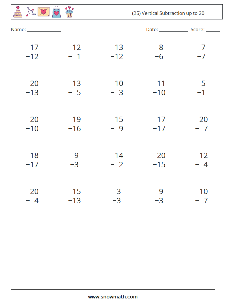 (25) Vertical Subtraction up to 20 Maths Worksheets 13