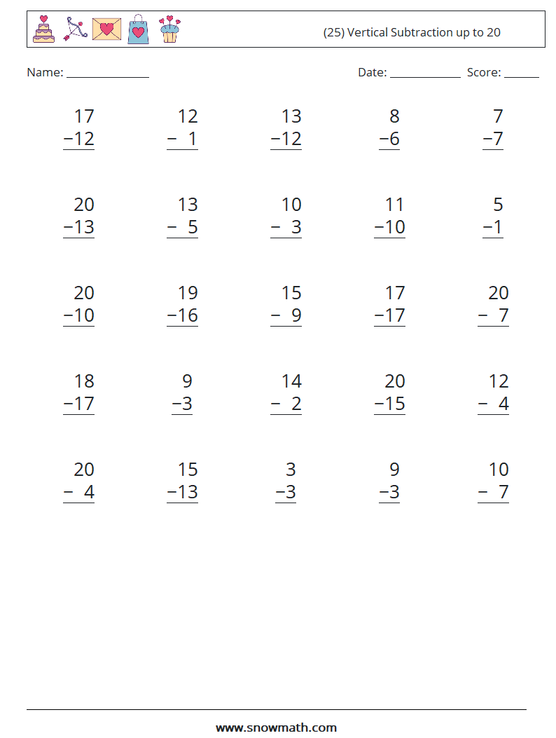 (25) Vertical Subtraction up to 20 Math Worksheets 13