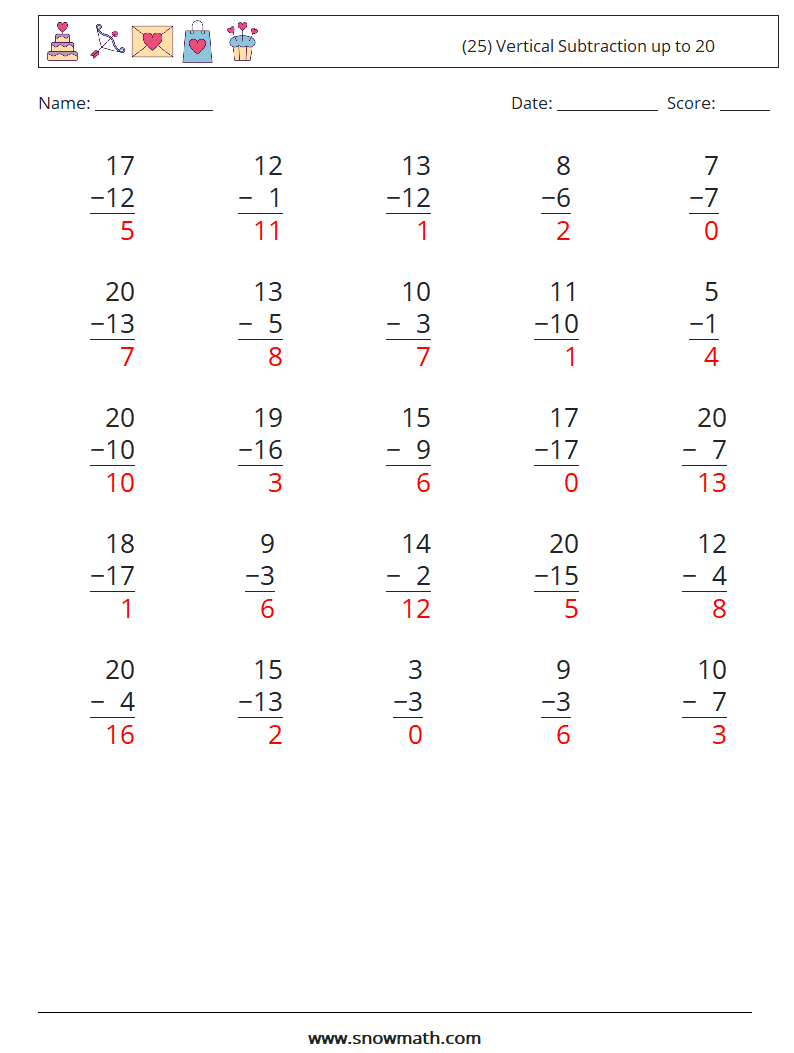 (25) Vertical Subtraction up to 20 Math Worksheets 13 Question, Answer