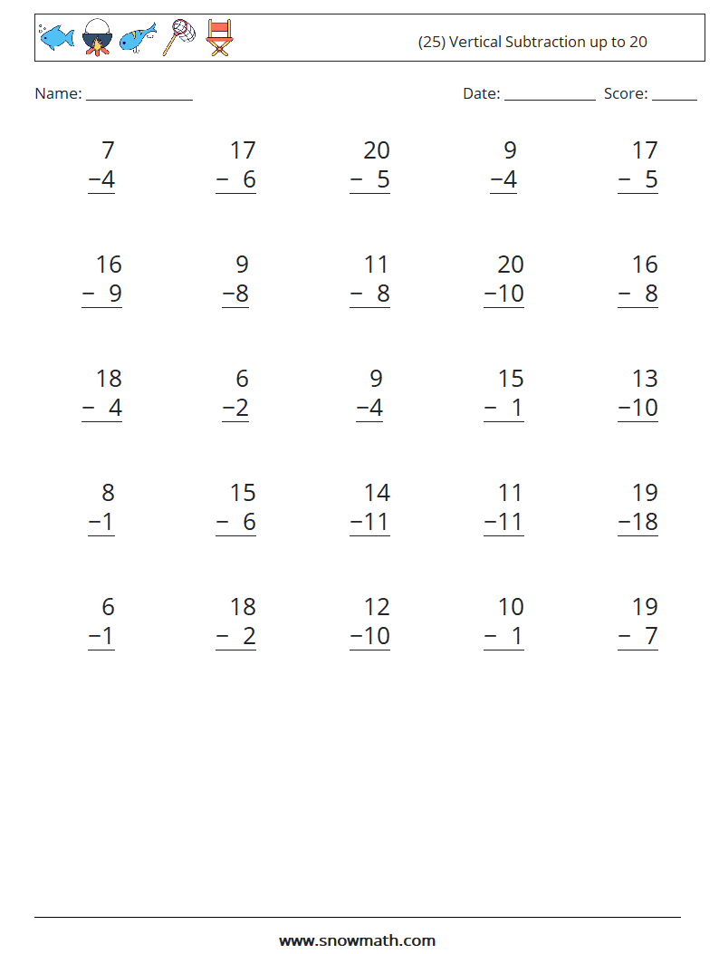 (25) Vertical Subtraction up to 20 Maths Worksheets 16