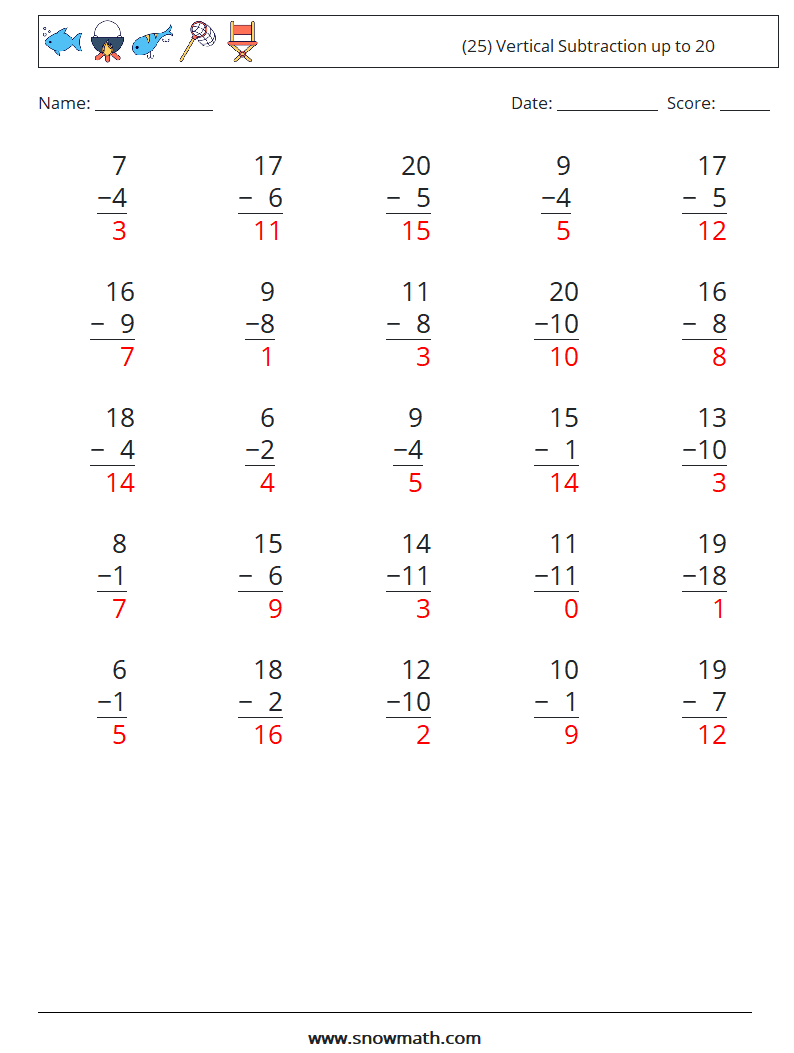 (25) Vertical Subtraction up to 20 Math Worksheets 16 Question, Answer