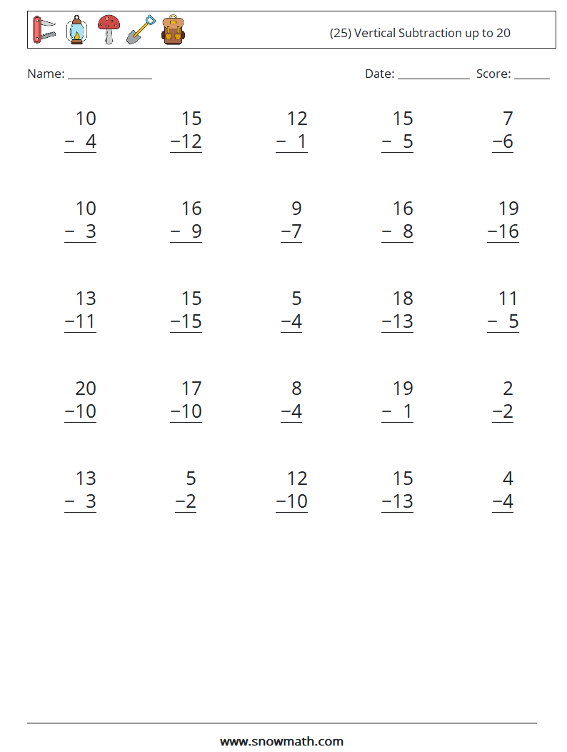 (25) Vertical Subtraction up to 20 Math Worksheets 17