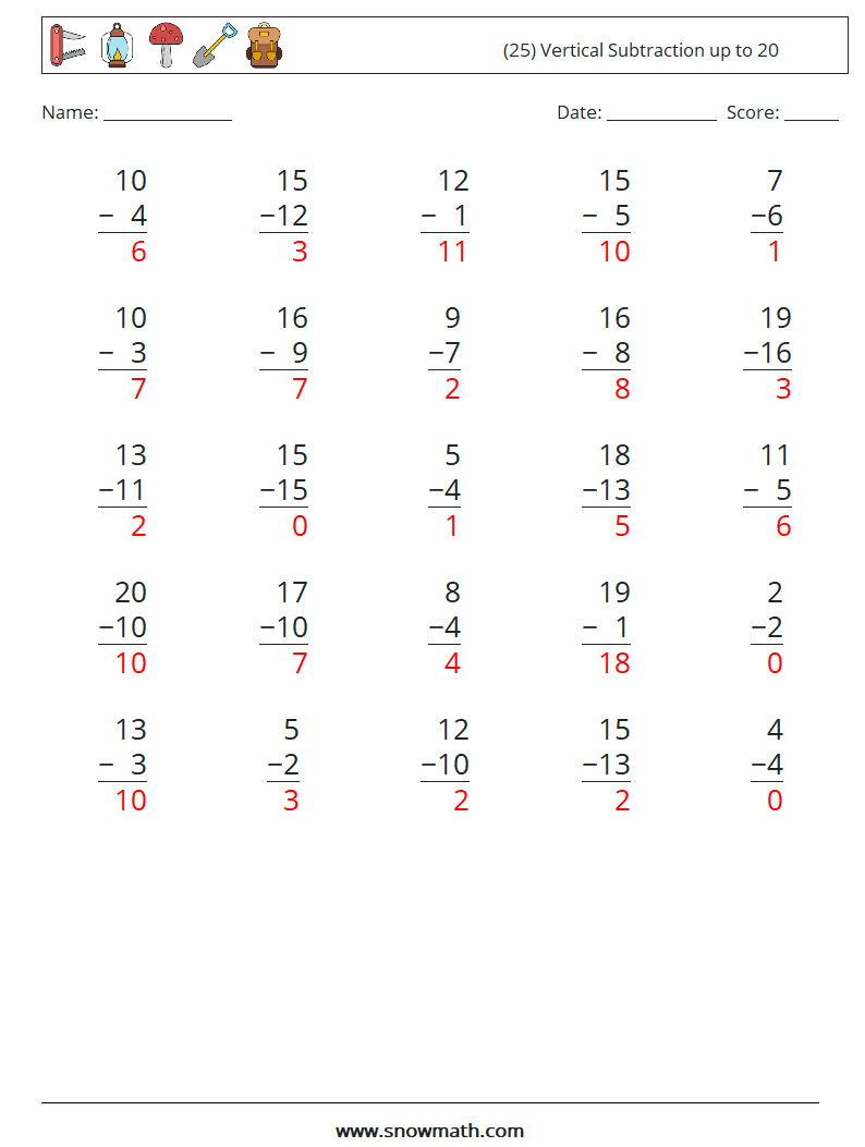 (25) Vertical Subtraction up to 20 Math Worksheets 17 Question, Answer