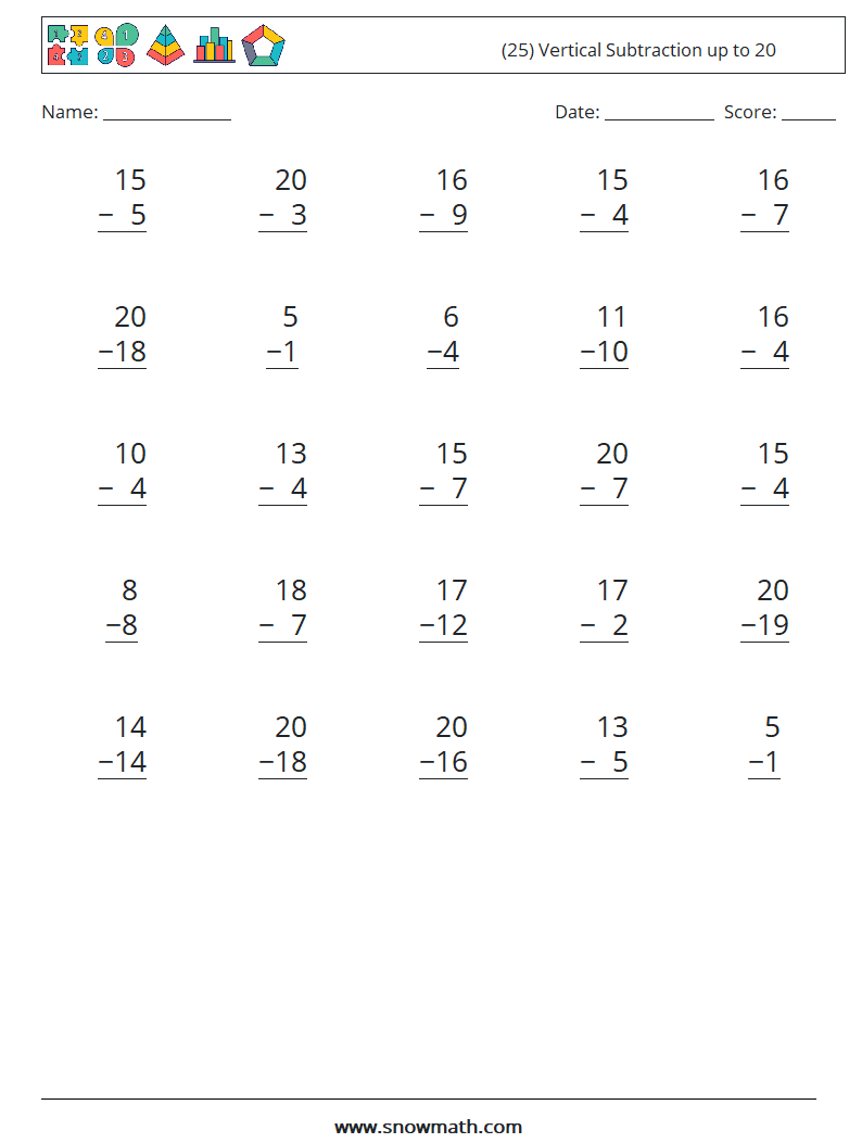 (25) Vertical Subtraction up to 20 Math Worksheets 18
