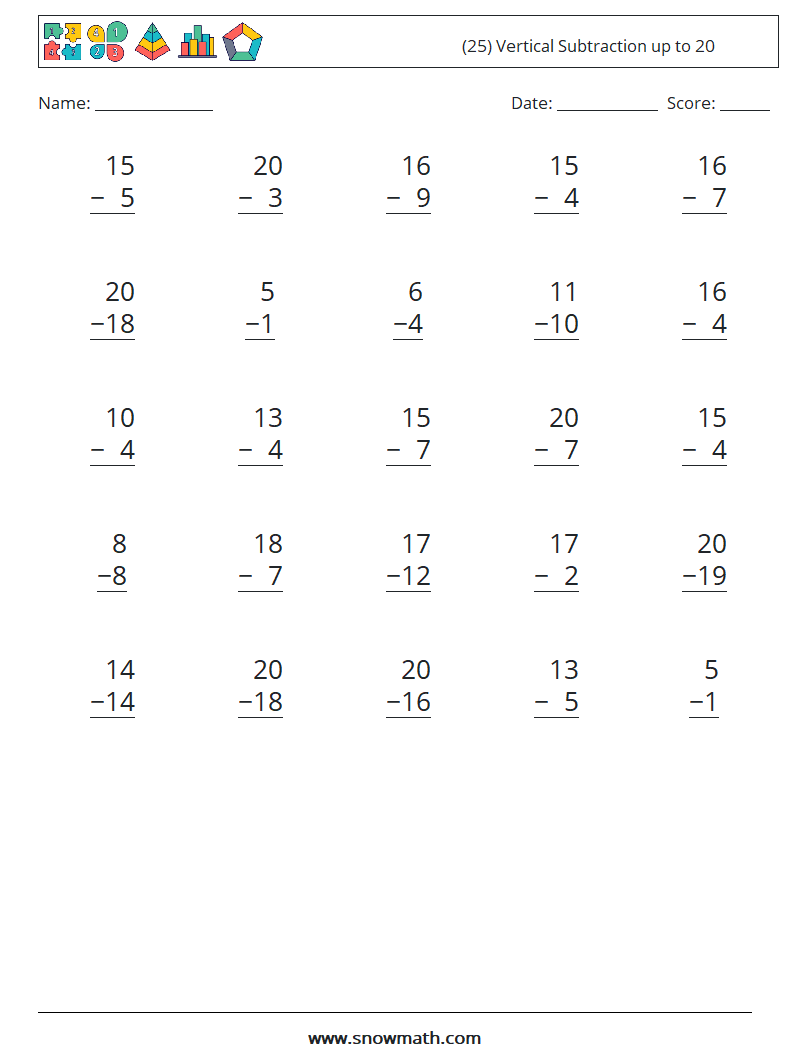 (25) Vertical Subtraction up to 20 Maths Worksheets 18